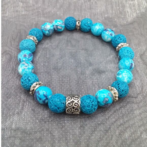 Artisan Rain Flower Jade Bracelet Beaded Lava Stones Diffuser Tibetan Silver - Picture 7 of 14